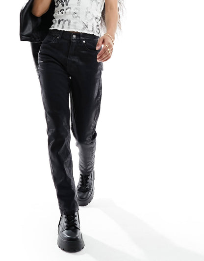 ONLY Petite Riley high waisted coated jeans in black