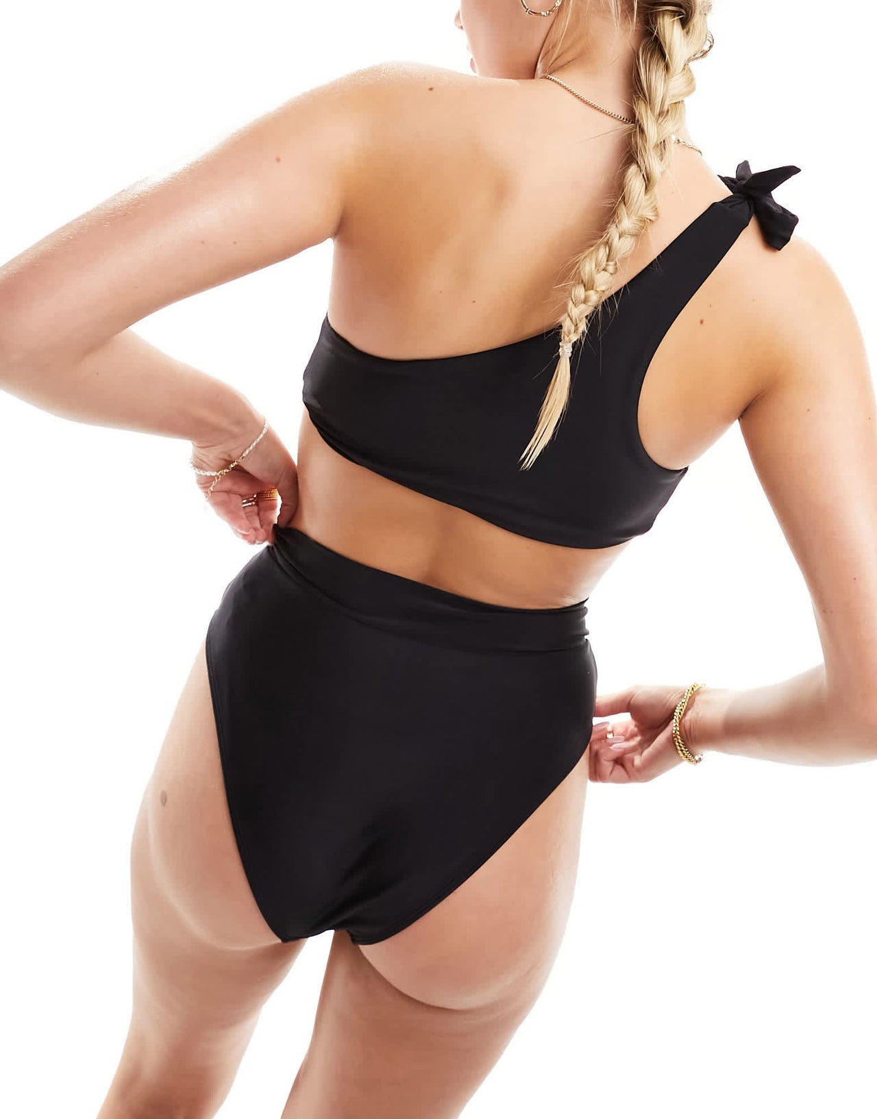 The Frolic exclusive dreamlight bow tie one shoulder bikini top in black