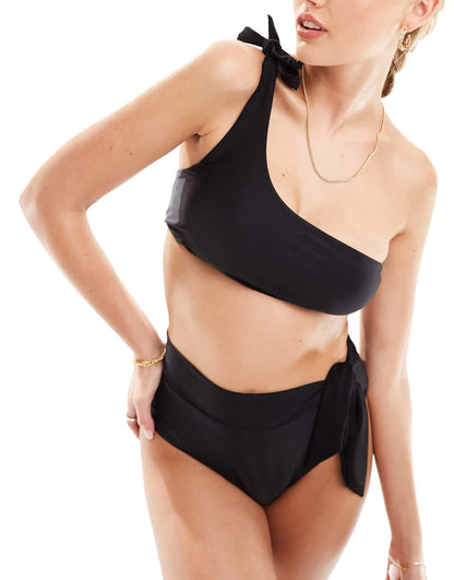 The Frolic exclusive dreamlight bow tie one shoulder bikini top in black