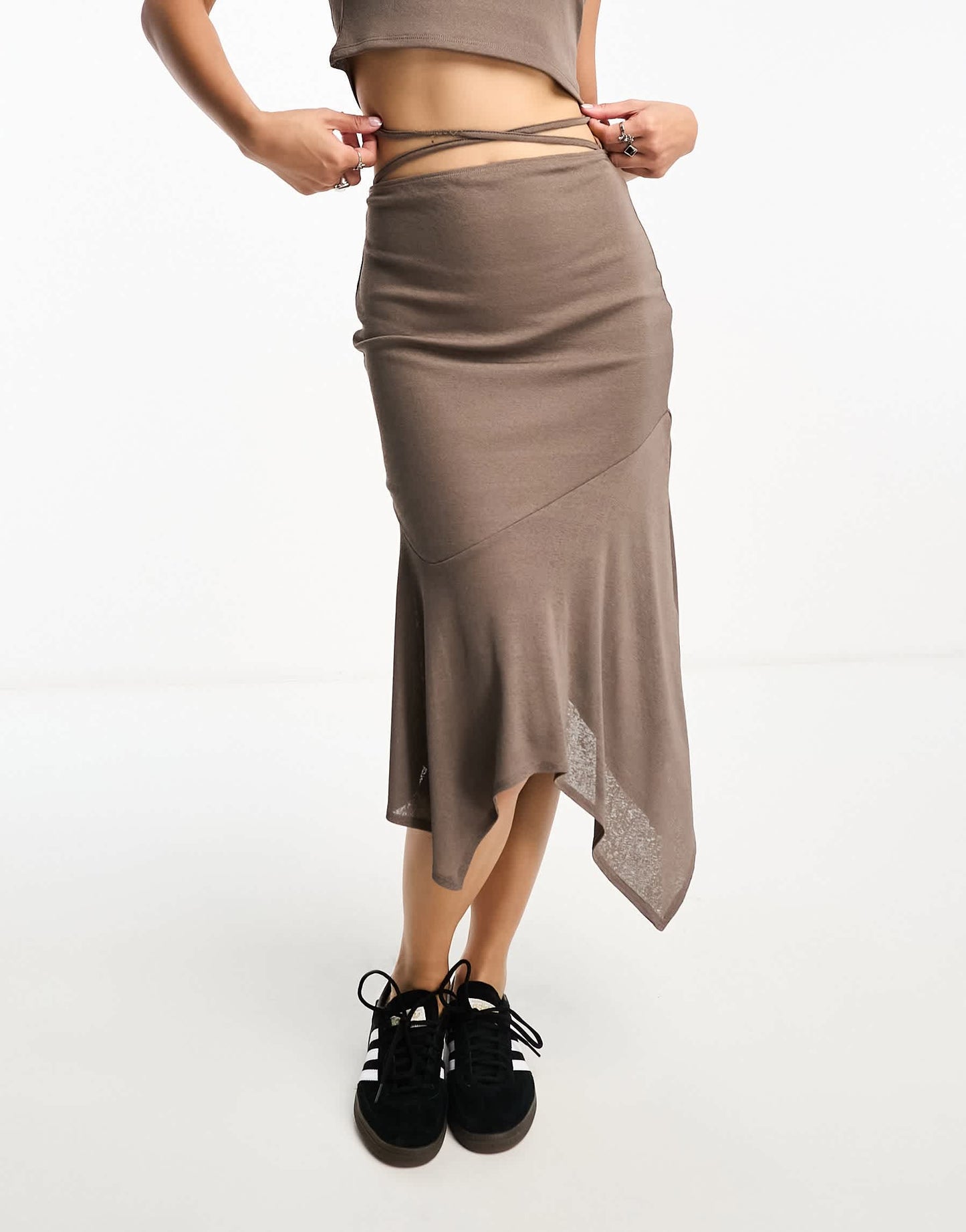 Reclaimed Vintage sheer asymmetric midi skirt with tie waist in brown