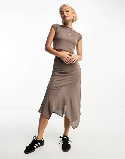 Reclaimed Vintage sheer asymmetric midi skirt with tie waist in brown