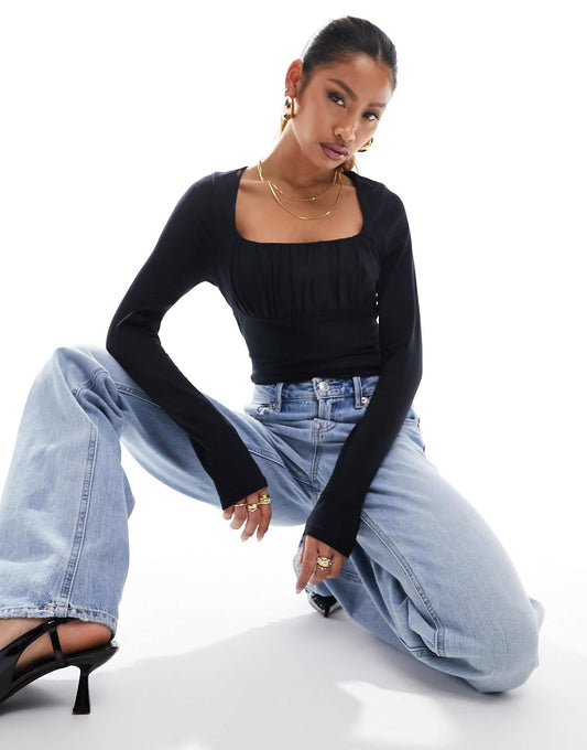 ASOS DESIGN gathered bust detail long sleeve bodysuit in black