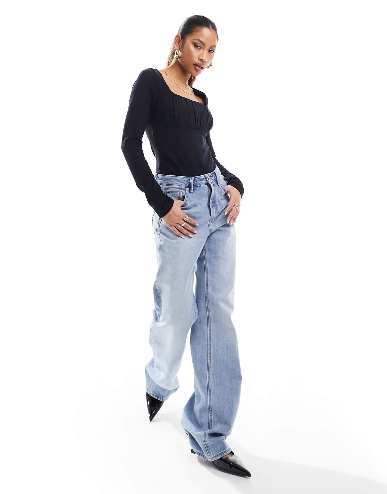 ASOS DESIGN gathered bust detail long sleeve bodysuit in black