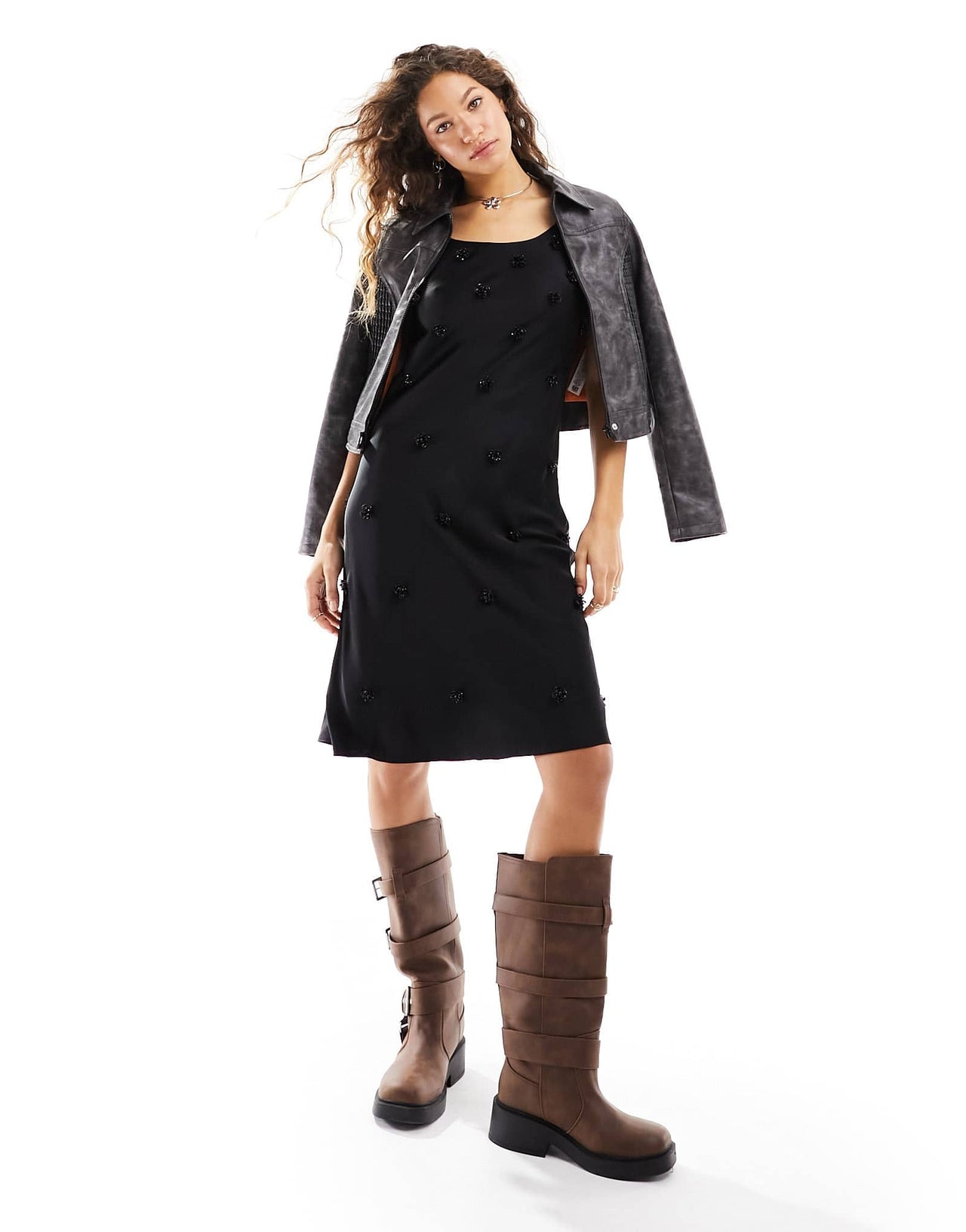Urban Revivo applique detail satin camisole dress in black