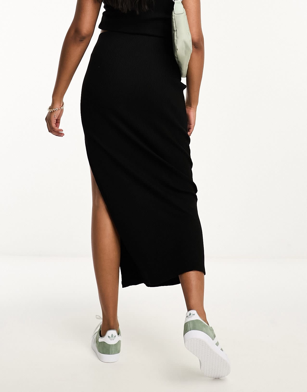Bershka bodycon knitted midi skirt in black