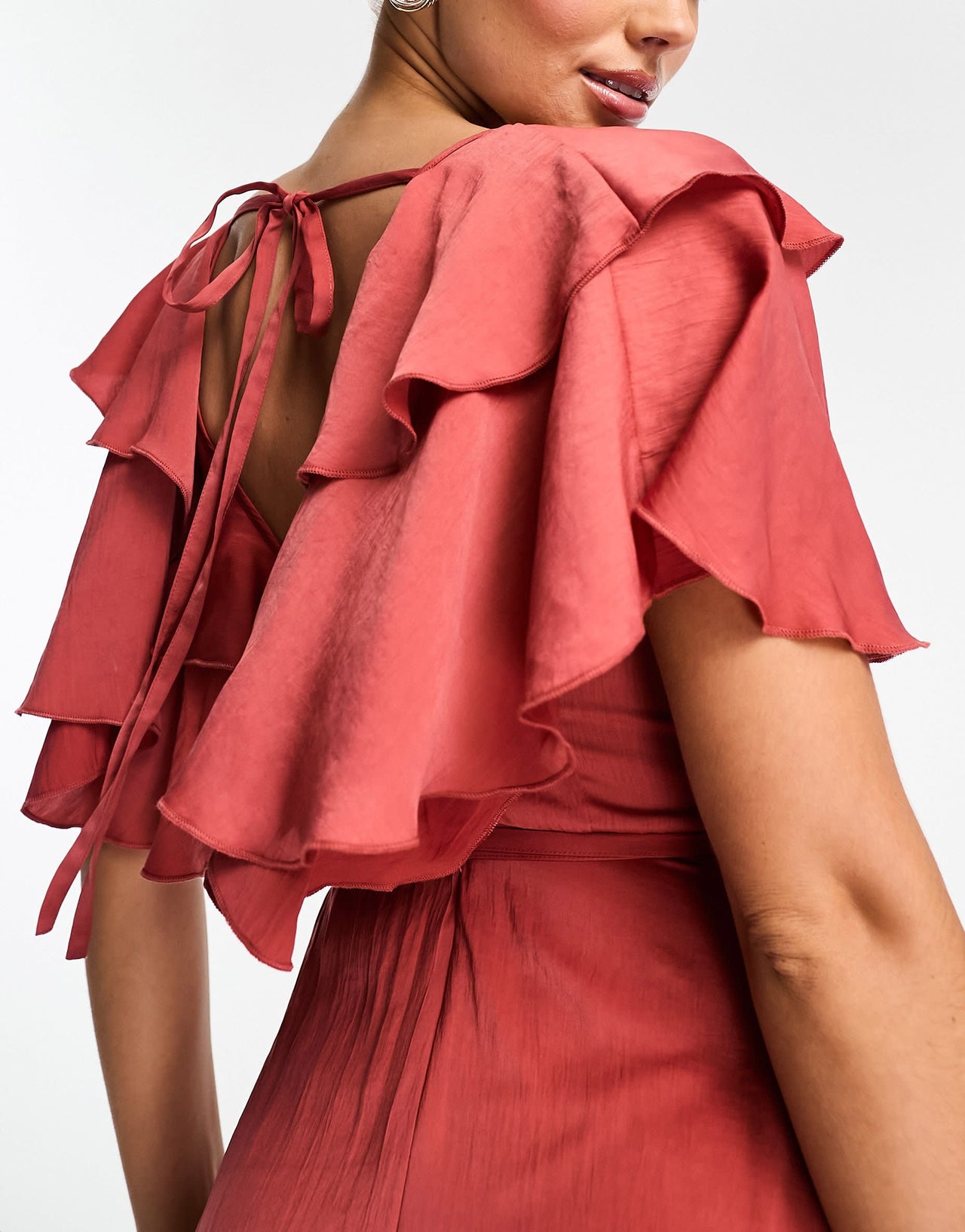 ASOS DESIGN satin v front v back ruffle midi dress in washed satin in rose