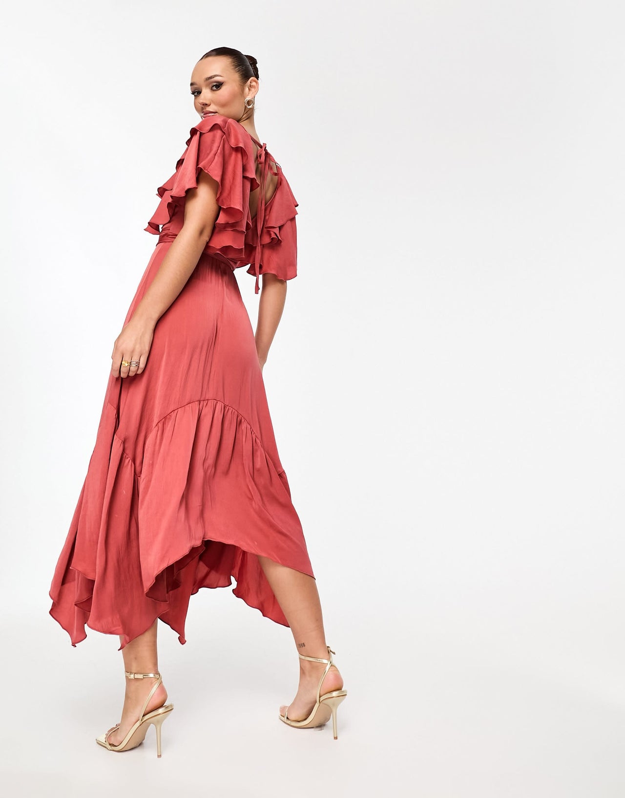 ASOS DESIGN satin v front v back ruffle midi dress in washed satin in rose