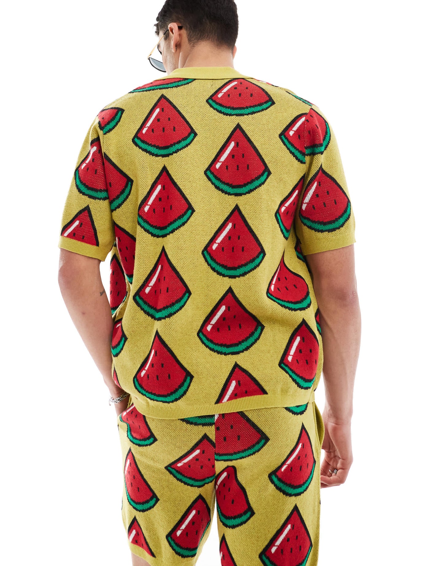 ASOS DESIGN co-ord knitted button through polo in green watermelon design