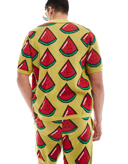 ASOS DESIGN co-ord knitted button through polo in green watermelon design