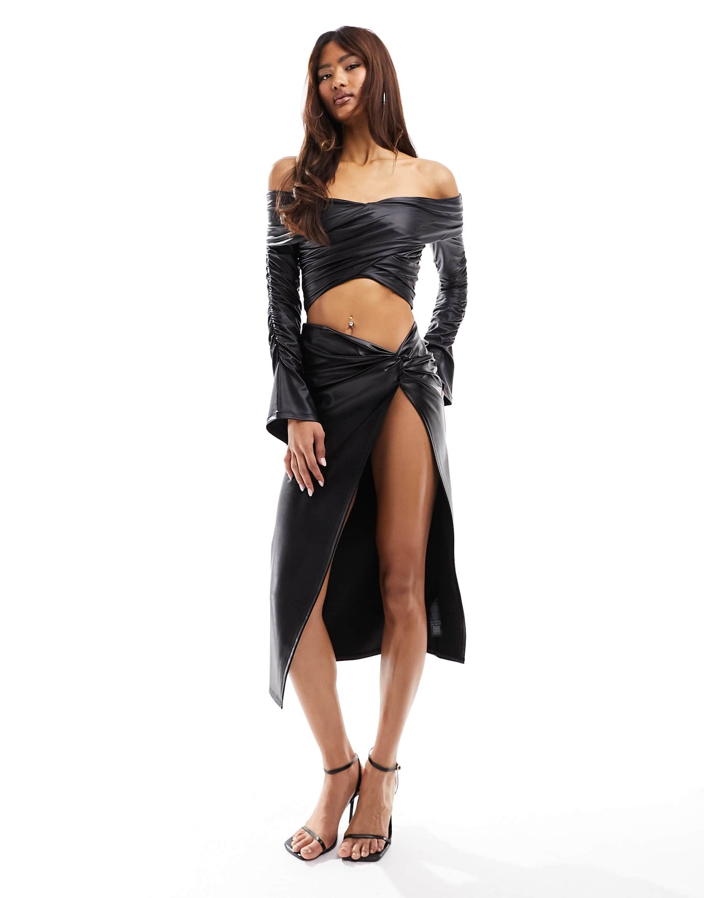 ASOS DESIGN leather look wrap front ruched sleeve top in black