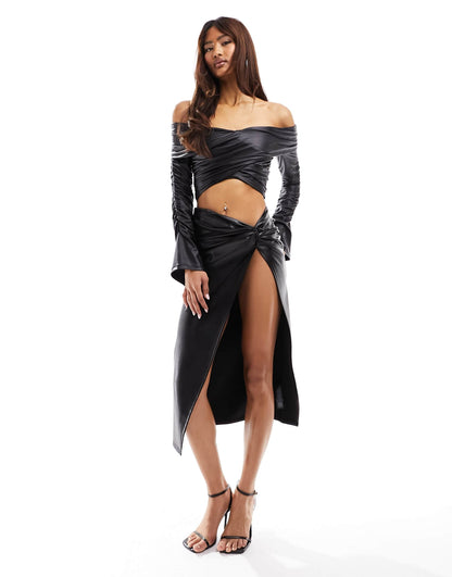 ASOS DESIGN leather look wrap front ruched sleeve top in black