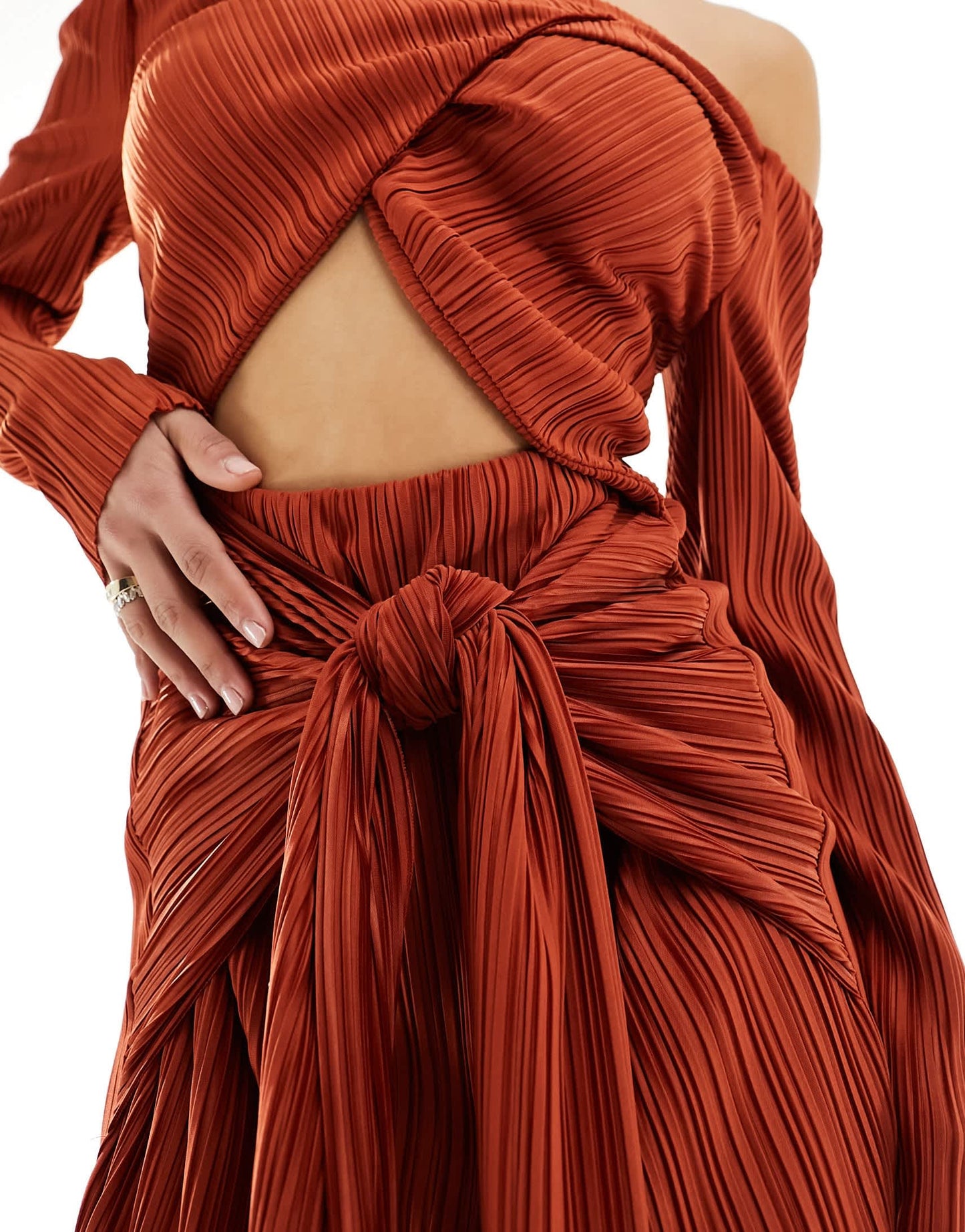 ASOS DESIGN plisse bardot twist front midi dress in rust