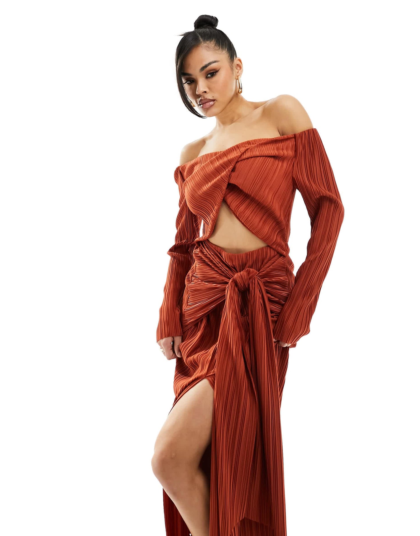 ASOS DESIGN plisse bardot twist front midi dress in rust