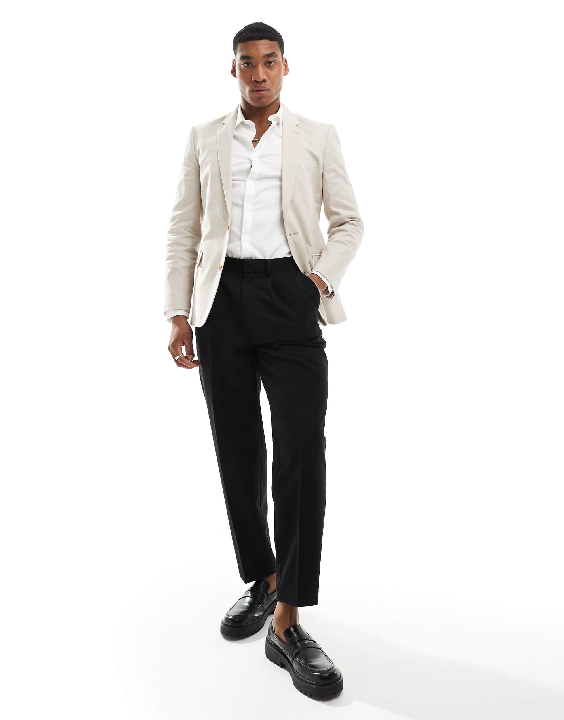 ASOS DESIGN skinny linen mix suit jacket in stone