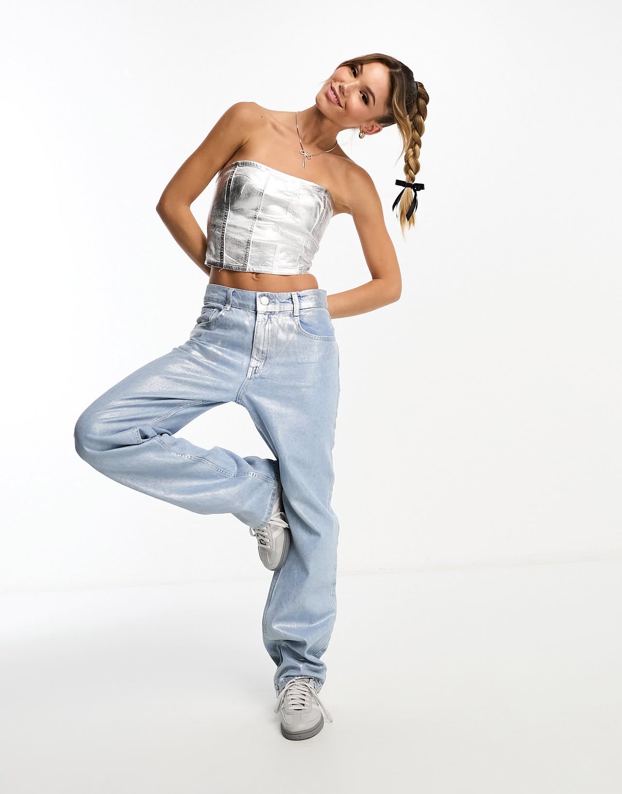 Stradivarius metallic bandeau top in silver