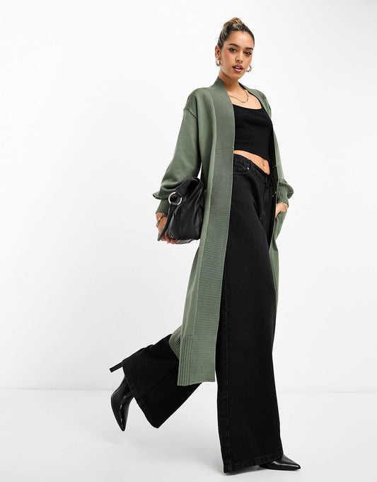 River Island maxi ribbed cardigan in khaki