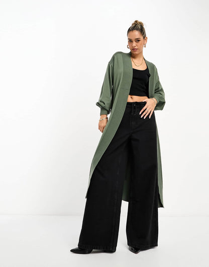 River Island maxi ribbed cardigan in khaki