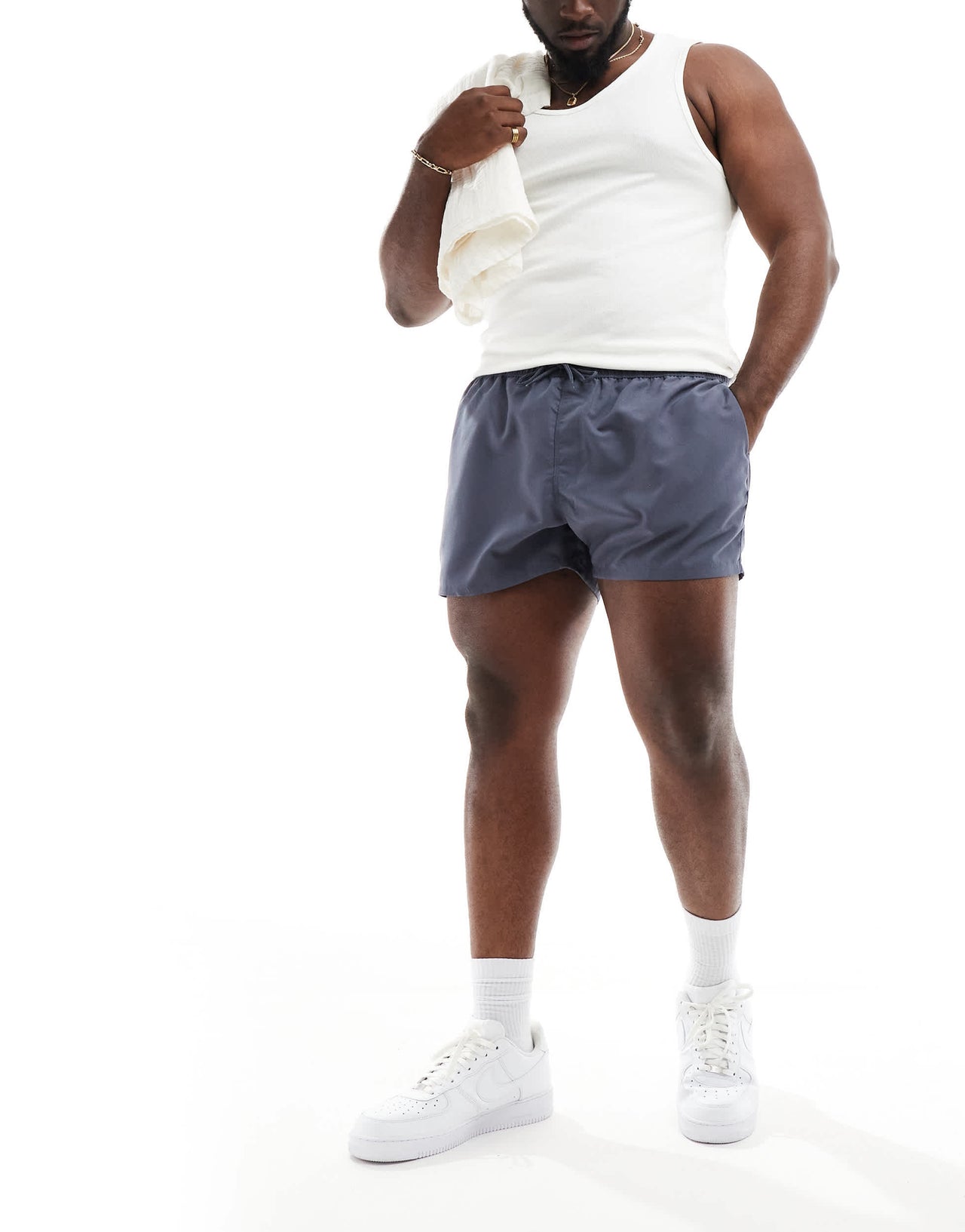 ASOS DESIGN swim shorts in short length in Grey