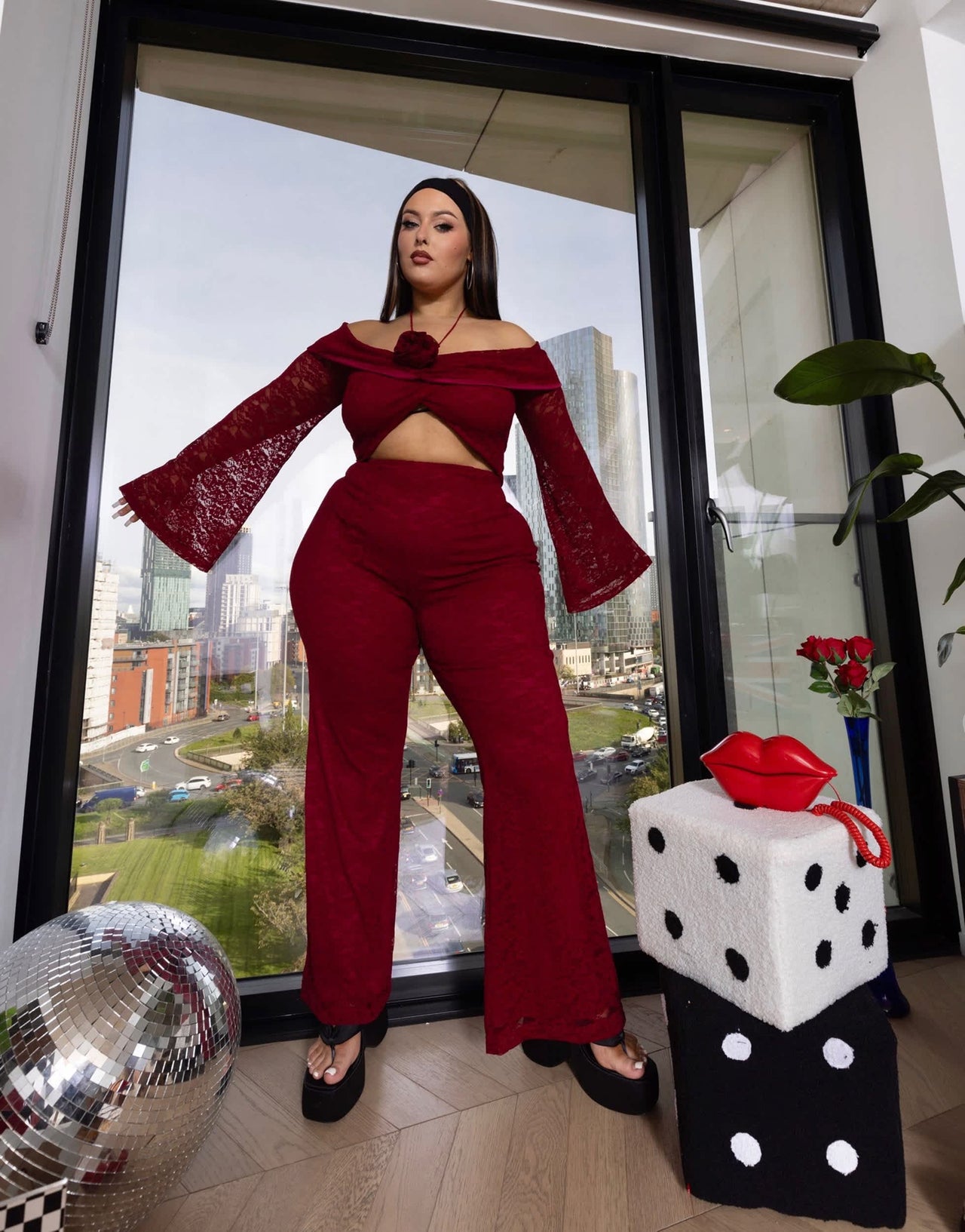 Labelrail x Holly Marston corsage detail off shoulder lace crop top co-ord in oxblood