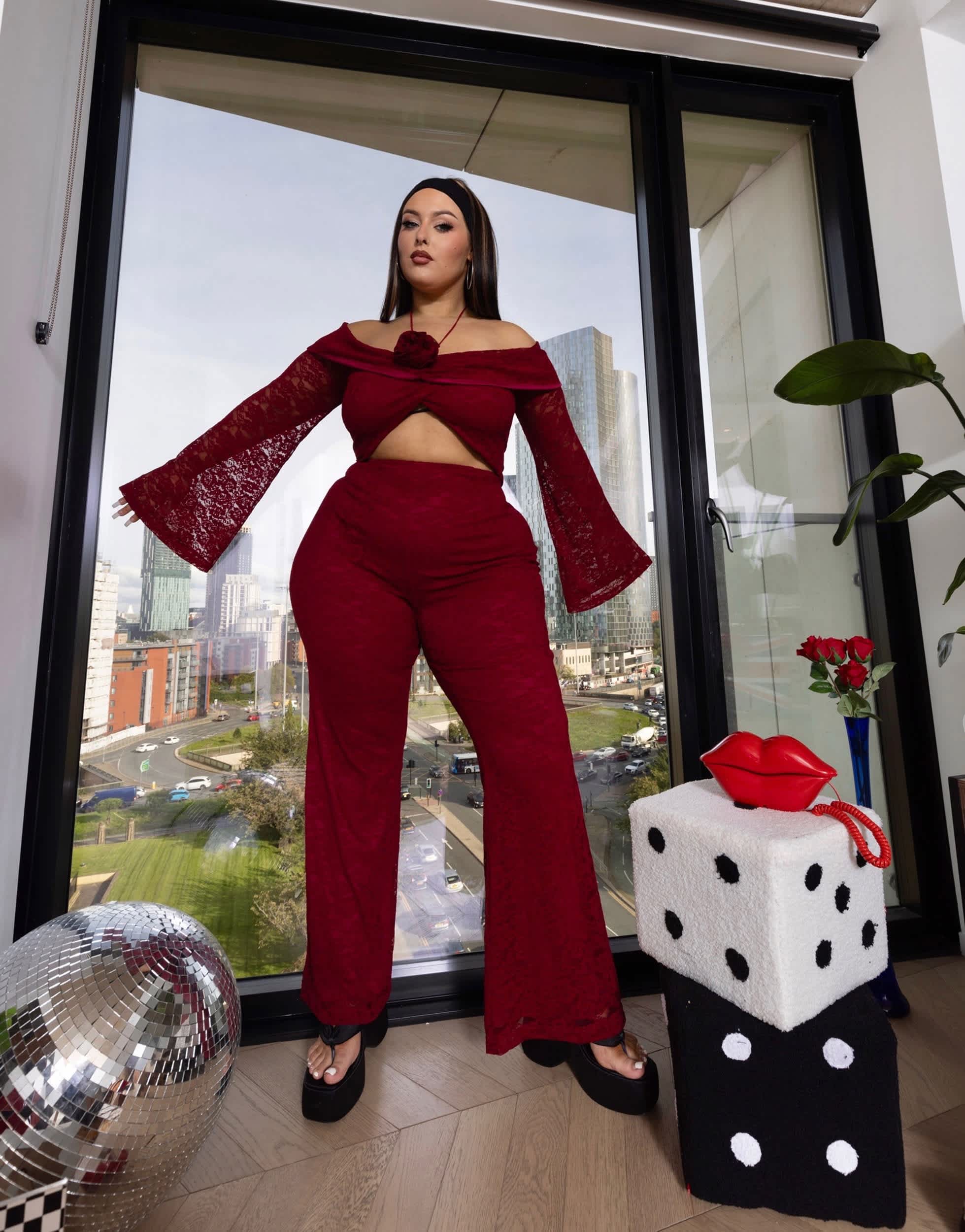 Labelrail x Holly Marston corsage detail off shoulder lace crop top co-ord in oxblood