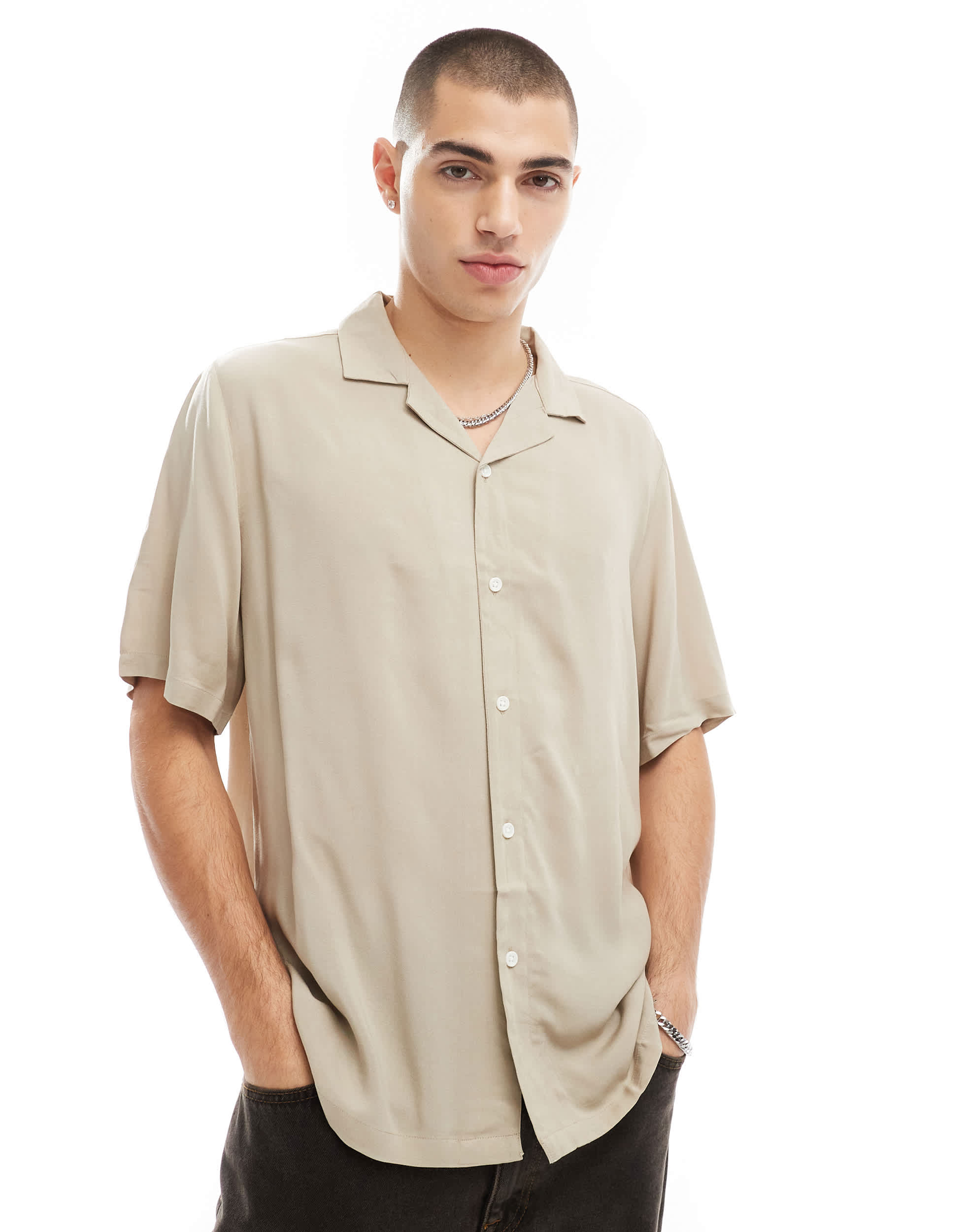 ASOS DESIGN relaxed fit viscose shirt with revere collar in stone