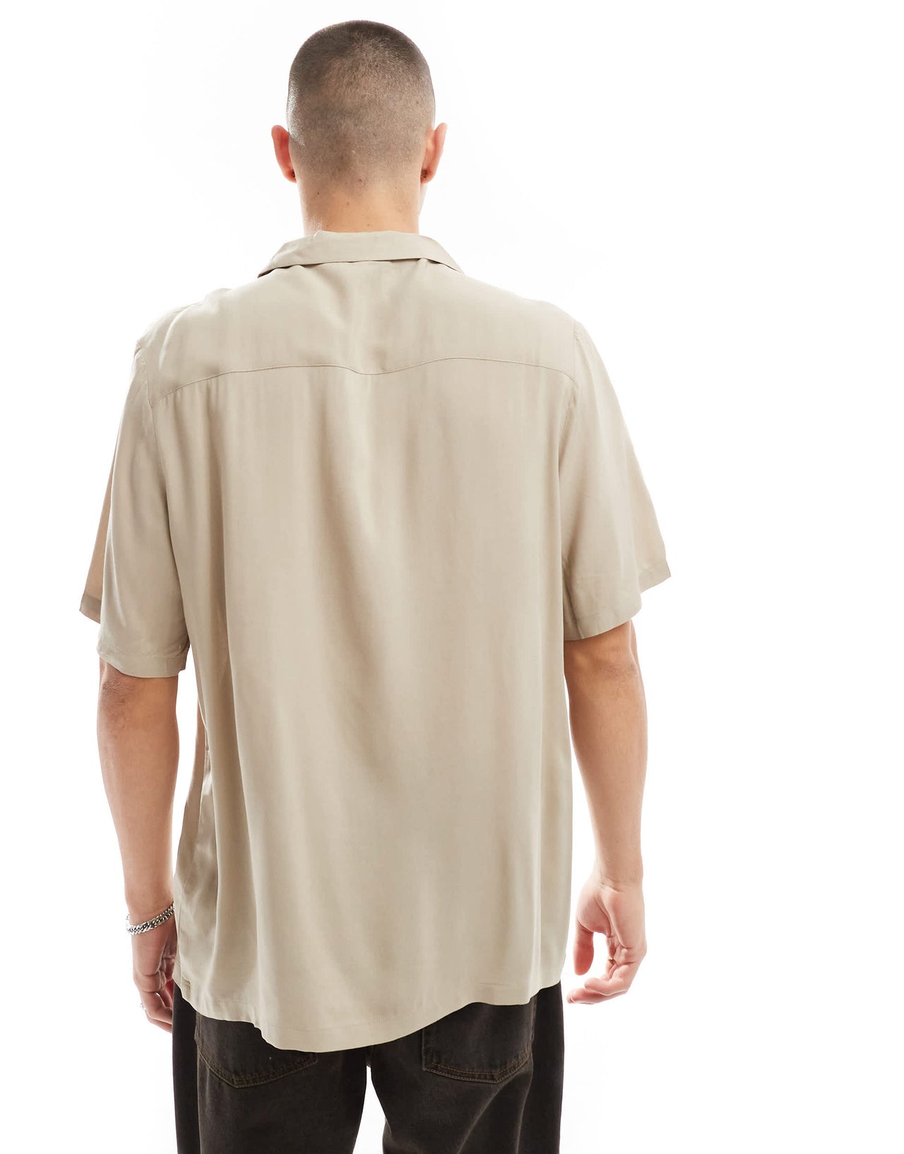 ASOS DESIGN relaxed fit viscose shirt with revere collar in stone