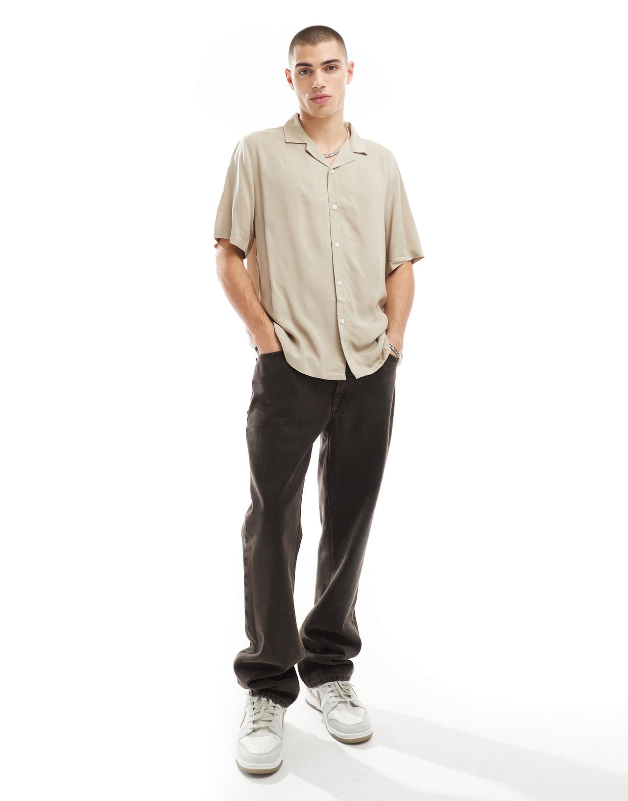 ASOS DESIGN relaxed fit viscose shirt with revere collar in stone