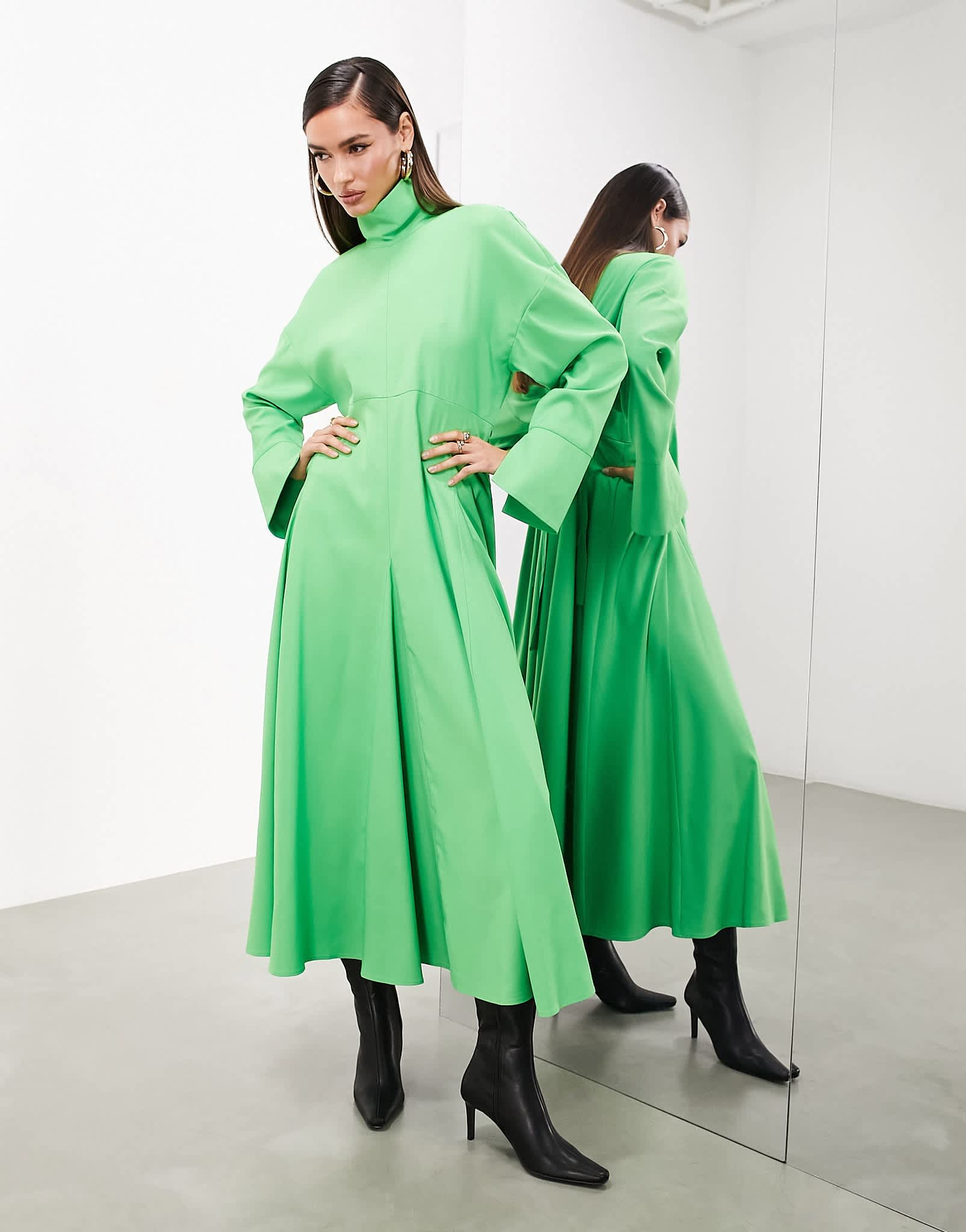 ASOS EDITION high neck long sleeve ruched back detail dress in bright green