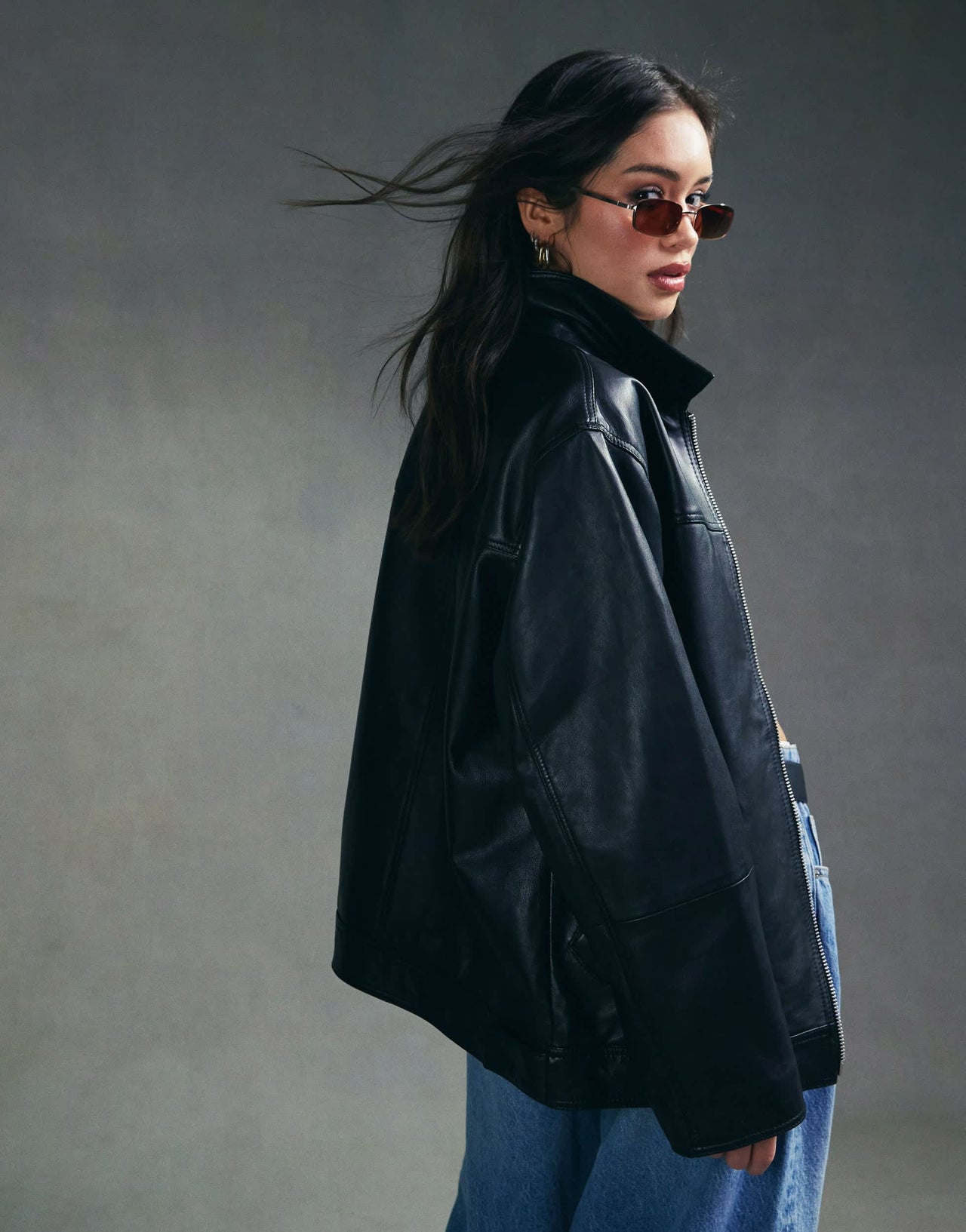 ASOS DESIGN top collar premium leather jacket in black