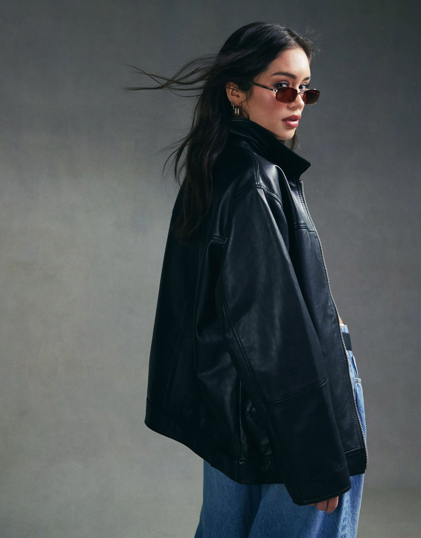 ASOS DESIGN top collar premium leather jacket in black