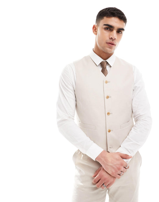 ASOS DESIGN slim linen blend suit waistcoat in stone