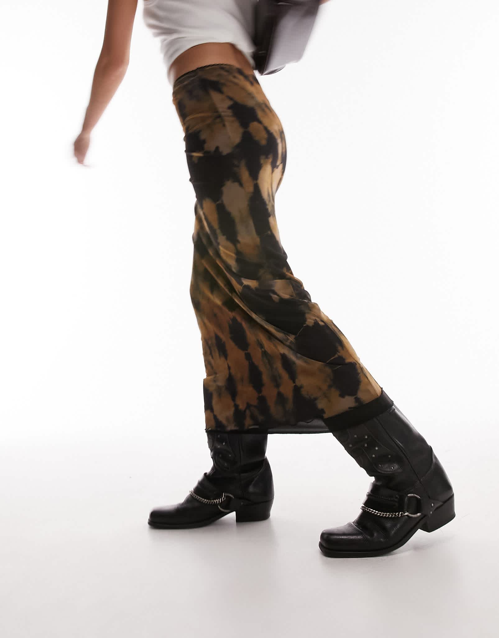 Topshop blurred patch mesh midi skirt in multi