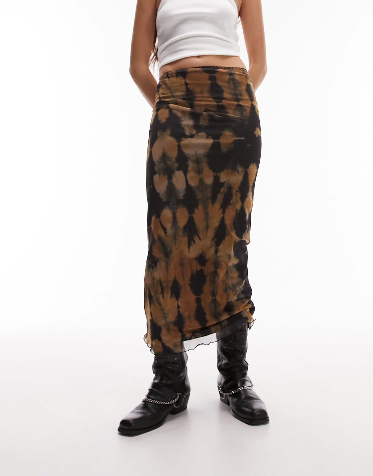 Topshop blurred patch mesh midi skirt in multi