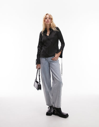 Topshop satin raw edge top in black