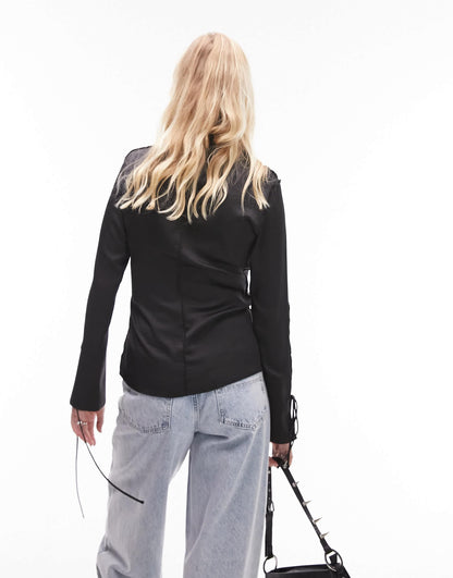 Topshop satin raw edge top in black