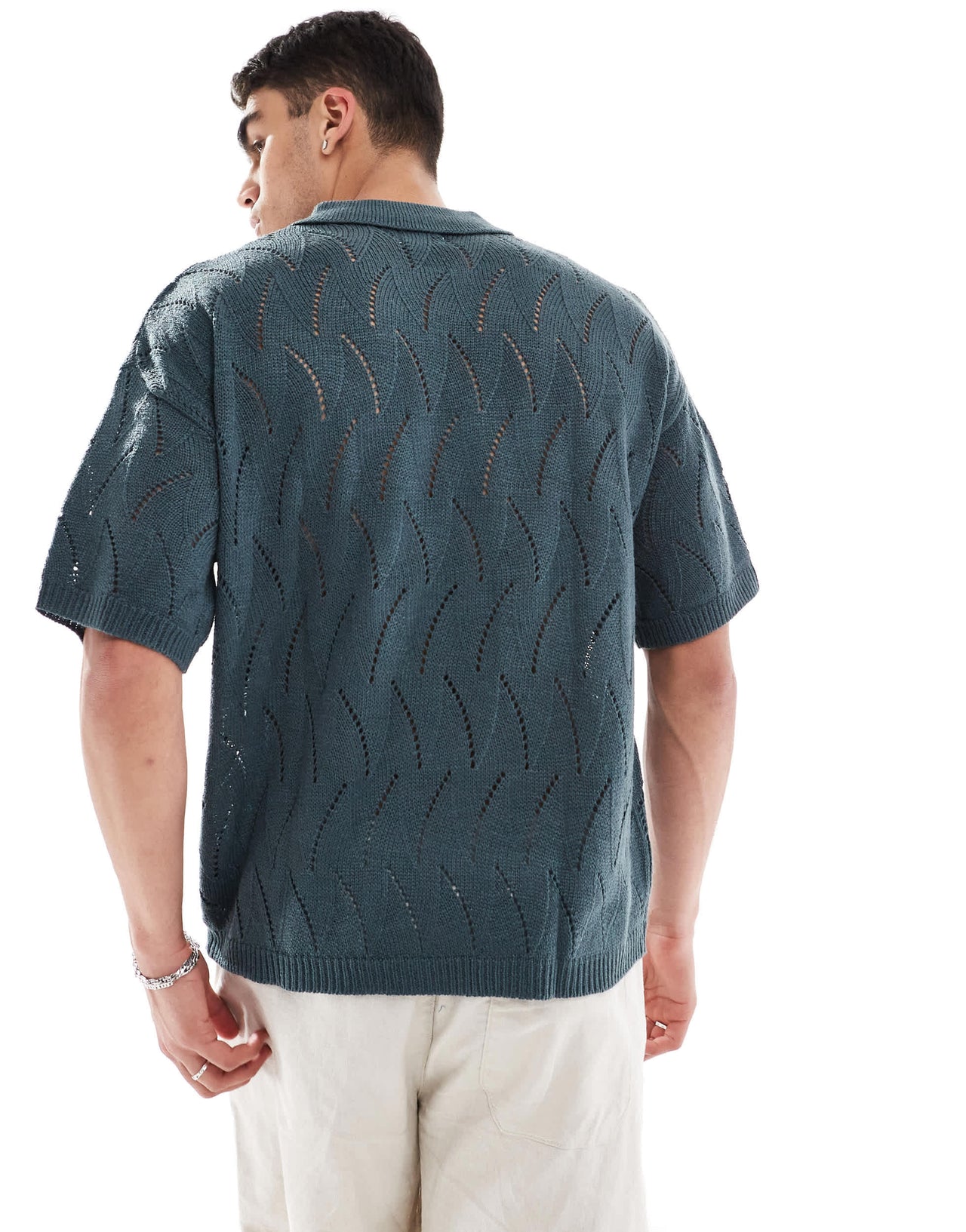 ASOS DESIGN oversized knitted pointelle polo in teal