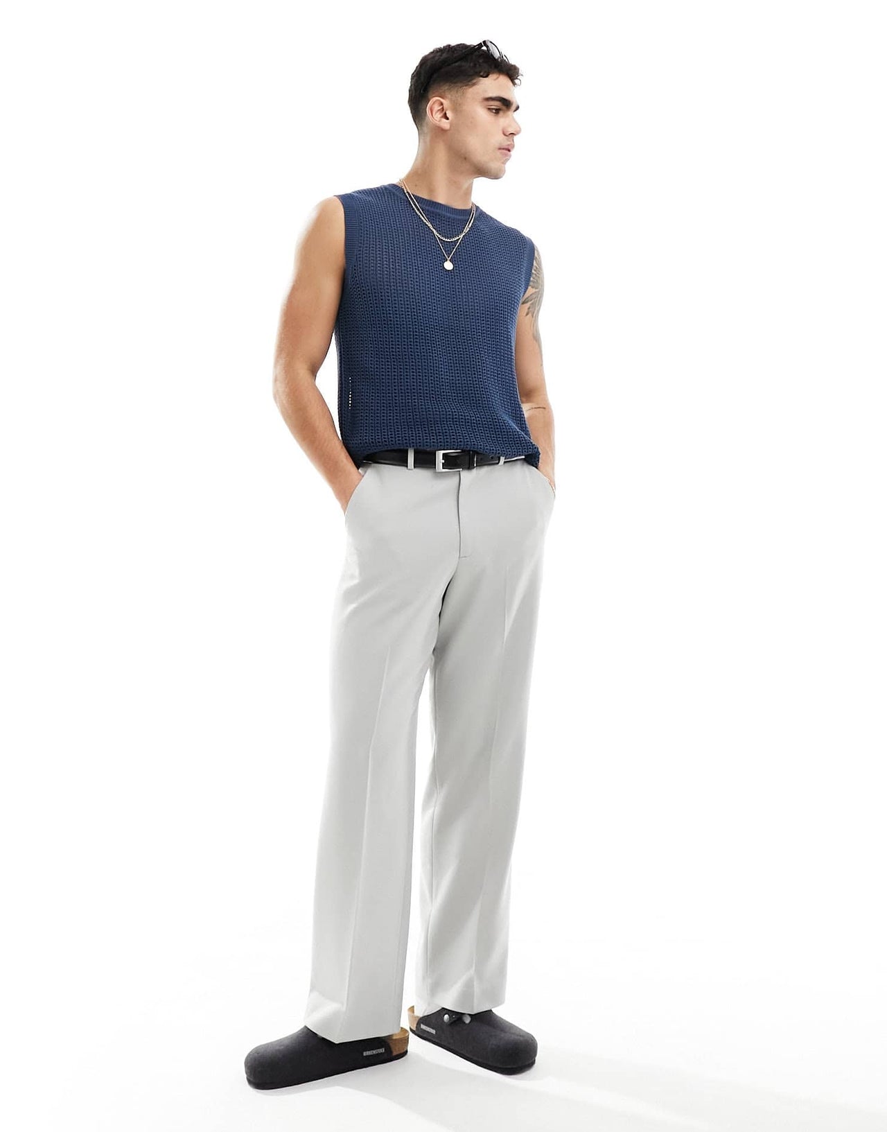 ASOS DESIGN lightweight knitted pointelle scoop vest in navy