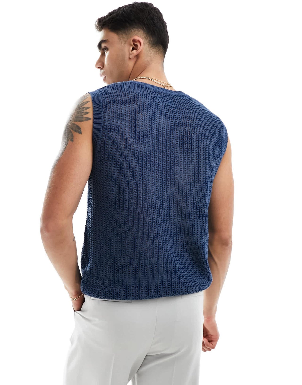 ASOS DESIGN lightweight knitted pointelle scoop vest in navy