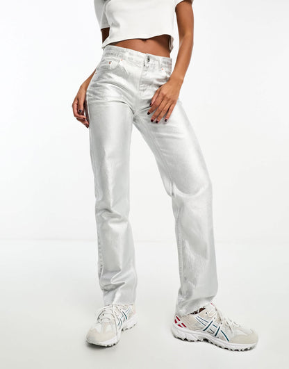 Stradivarius metallic trouser in silver