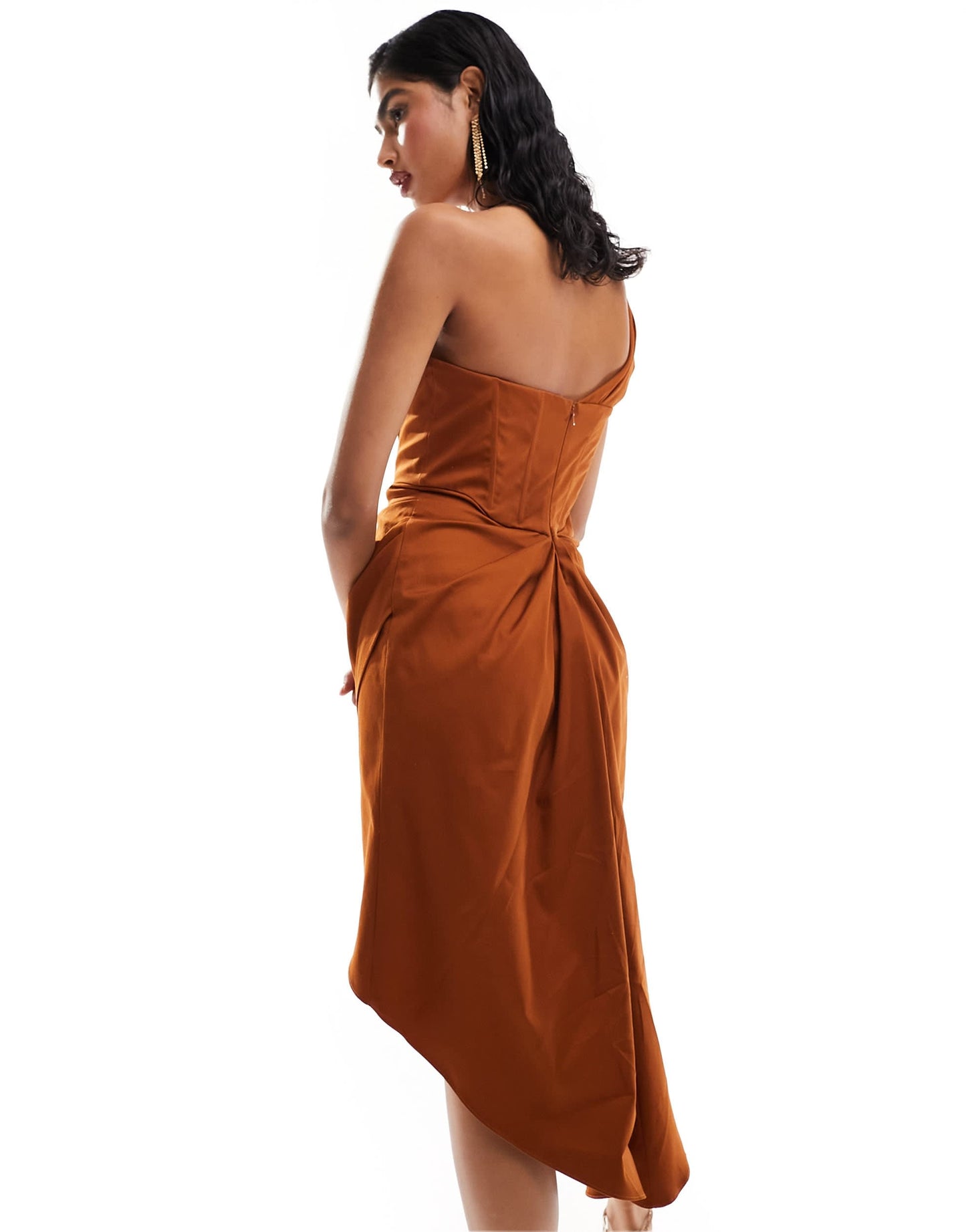 ASOS DESIGN corset fallen shoulder drape mini dress in rust