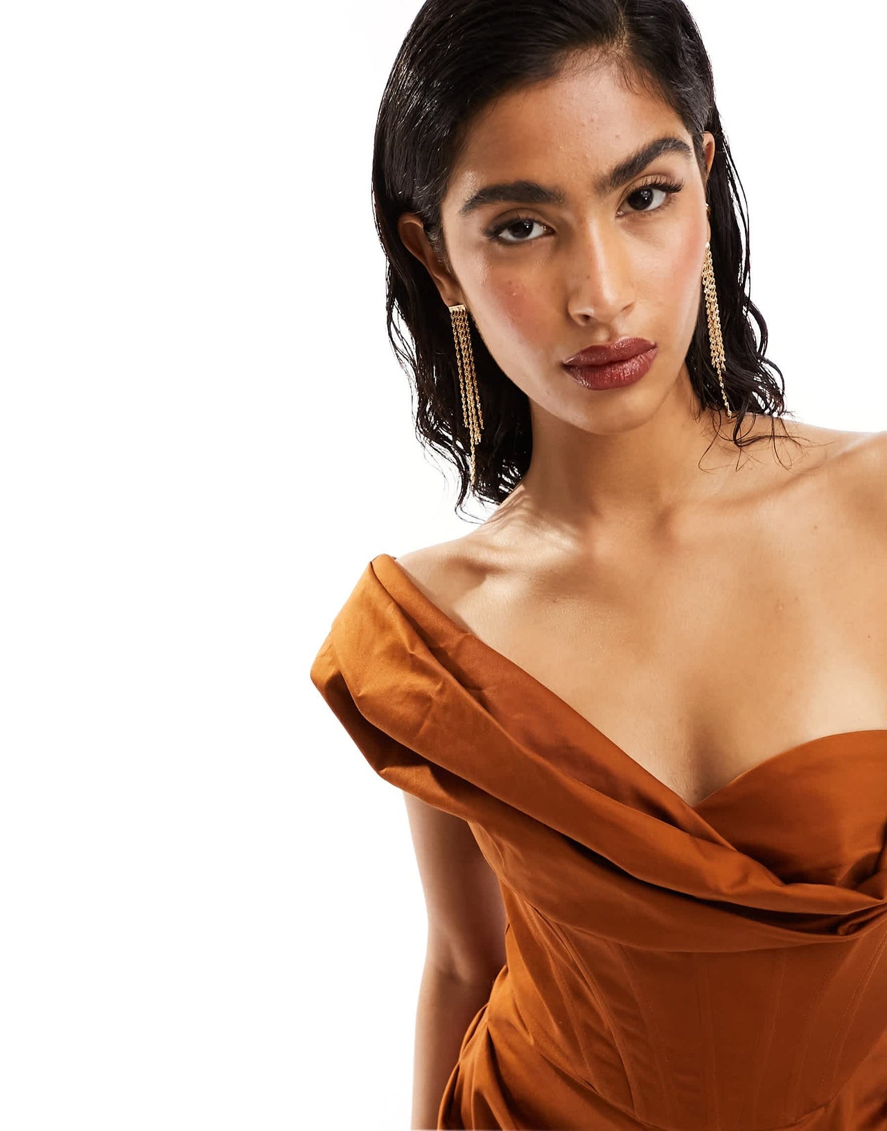 ASOS DESIGN corset fallen shoulder drape mini dress in rust