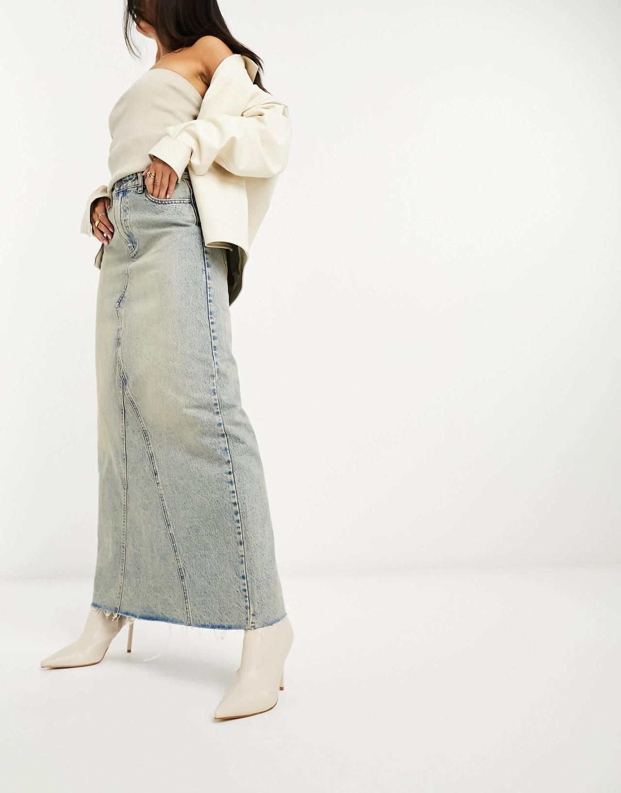 Stradivarius spliced denim maxi skirt in vintage wash