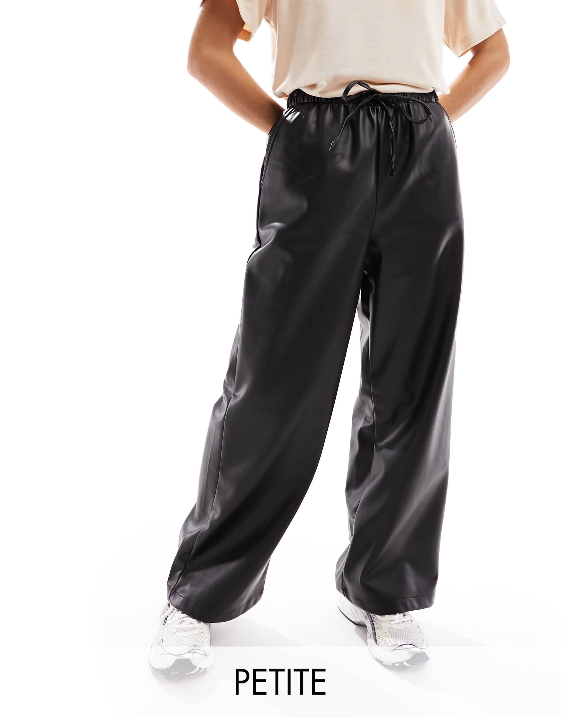 Stradivarius Petite faux leather wide leg jogger in black