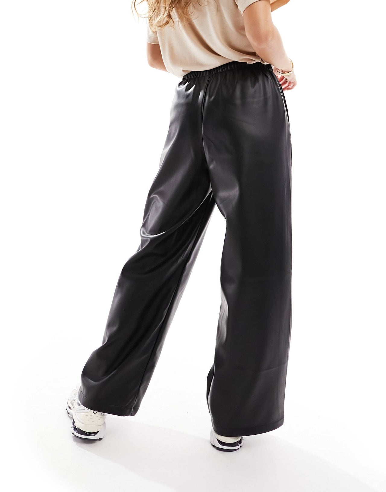 Stradivarius Petite faux leather wide leg jogger in black