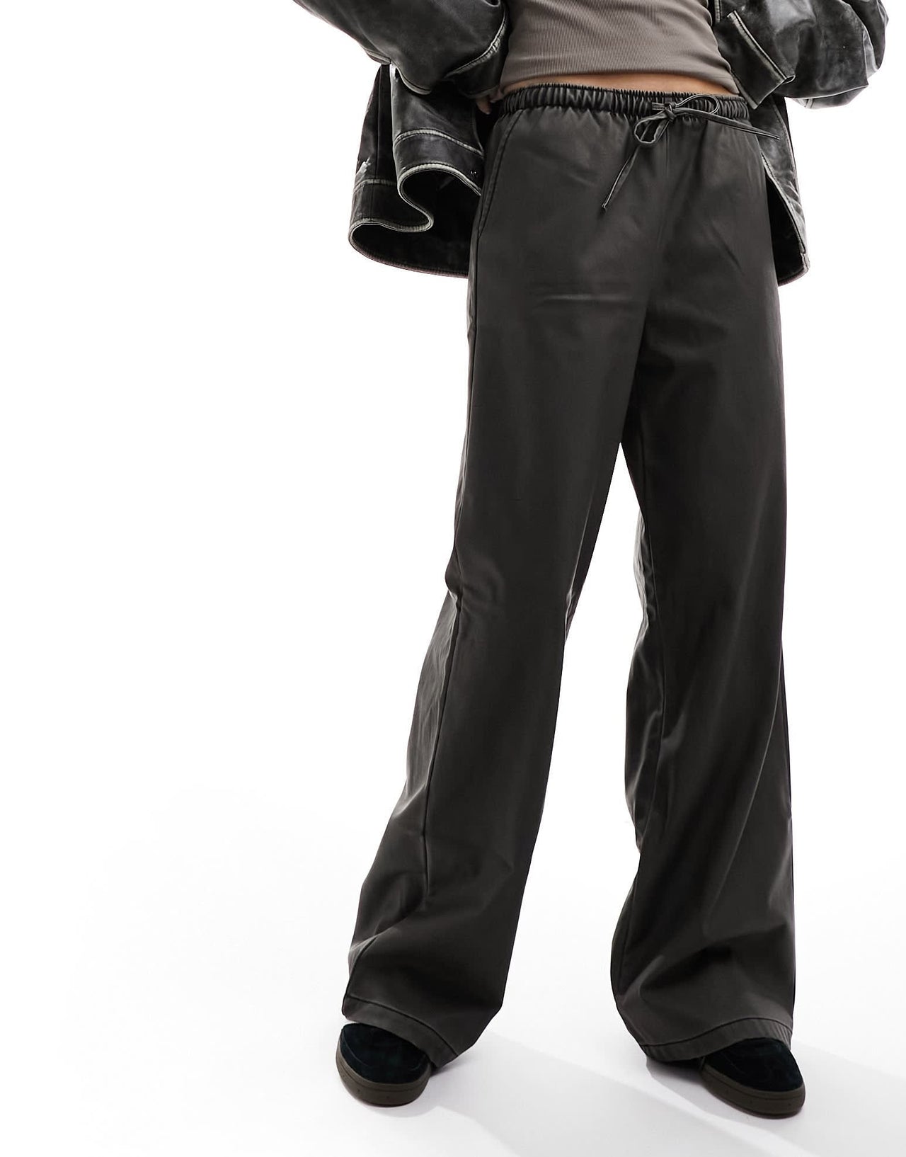 Stradivarius faux leather wide leg jogger in washed PU