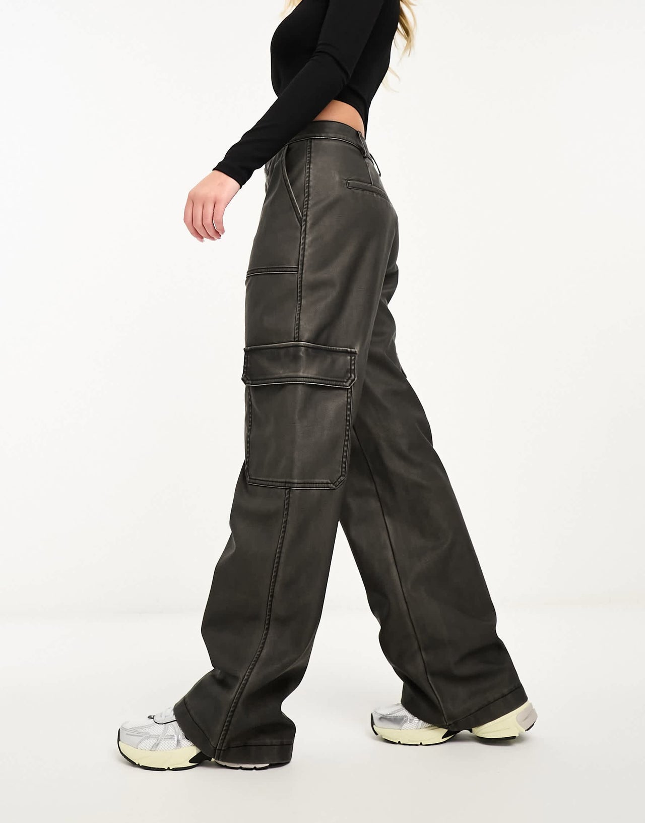 Stradivarius faux leather cargo trouser in washed black