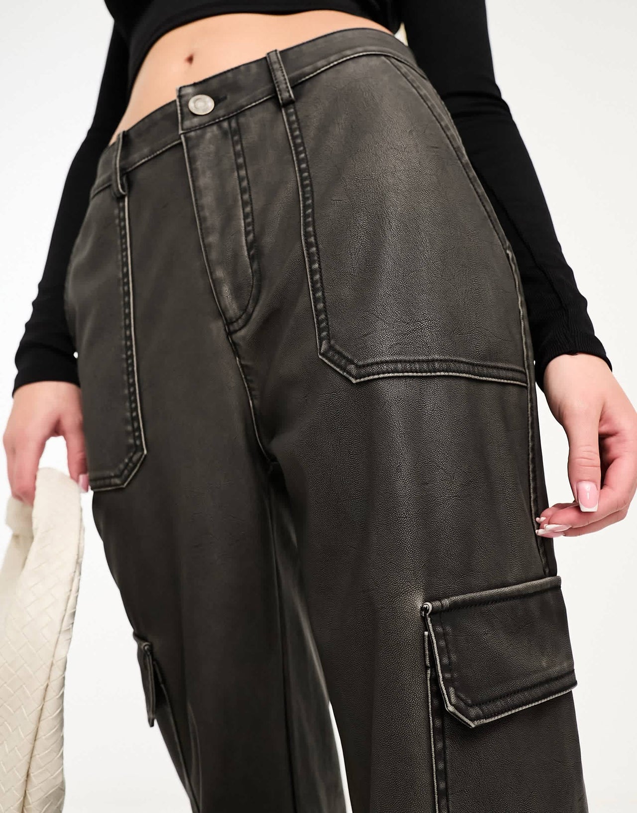 Stradivarius faux leather cargo trouser in washed black
