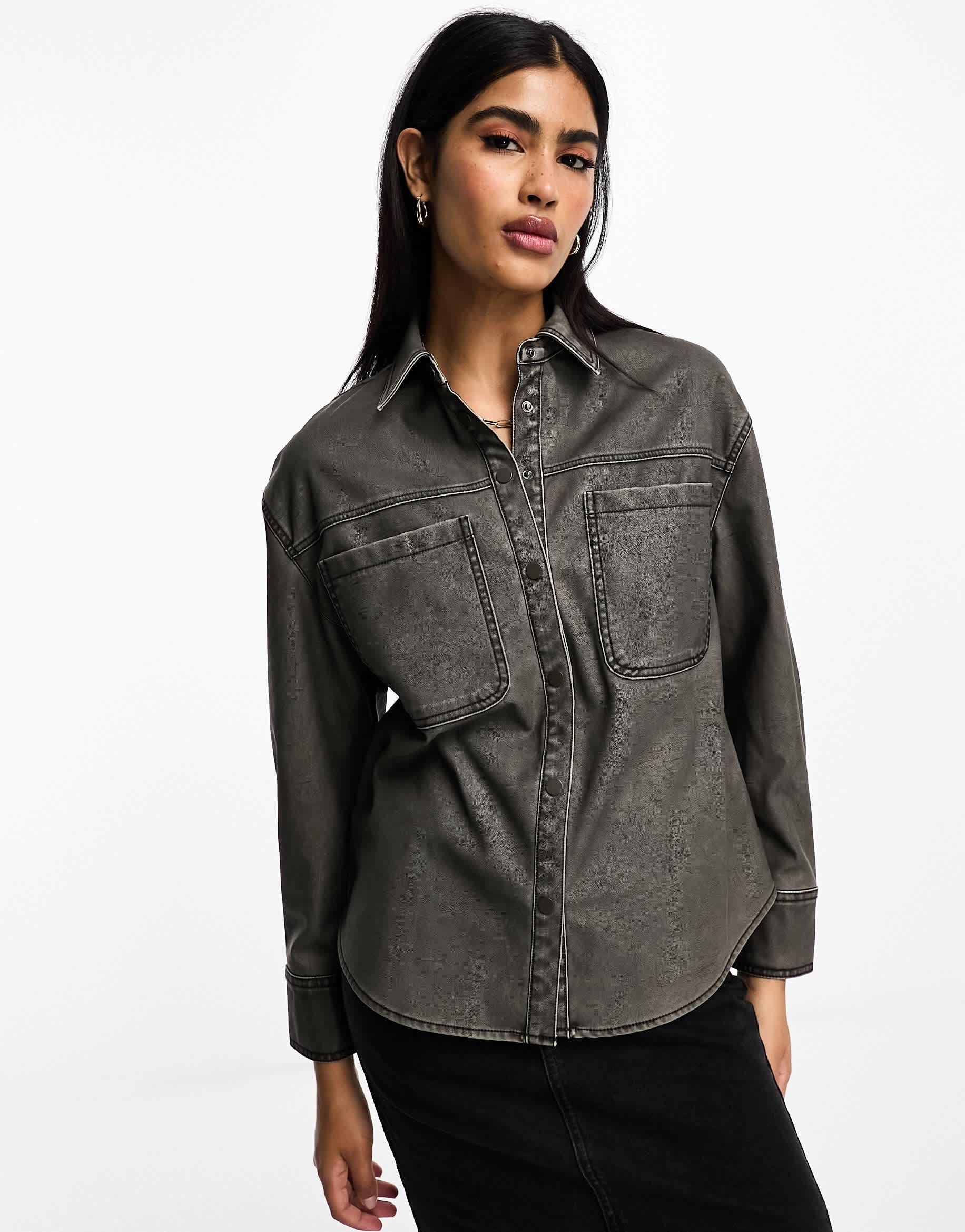 Stradivarius washed faux leather shirt in black