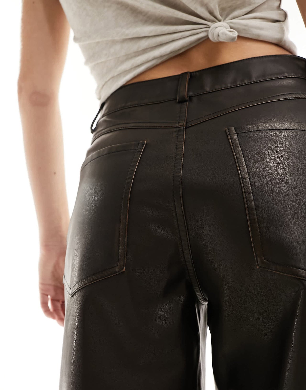 Stradivarius faux leather wide leg trouser in washed brown