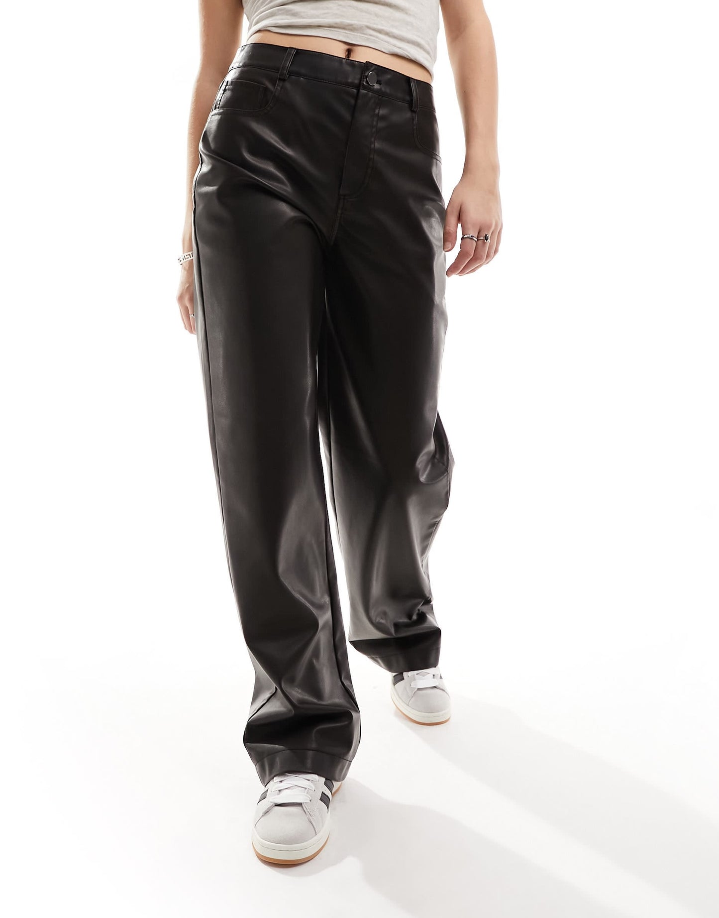 Stradivarius faux leather wide leg trouser in washed brown